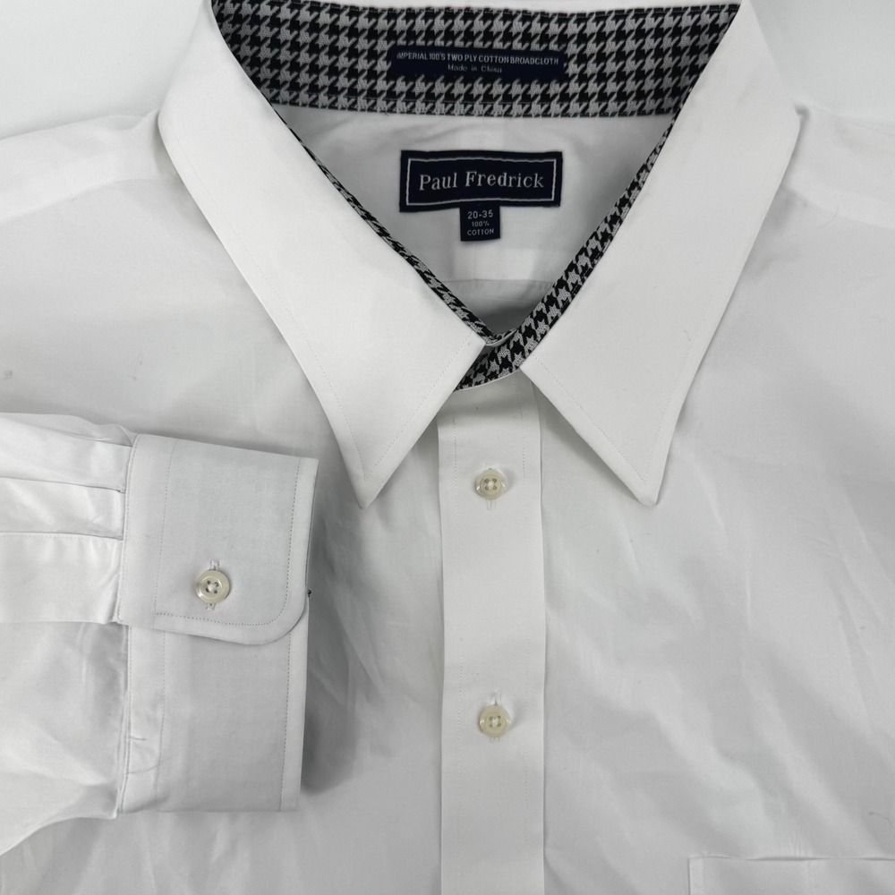 Paul Fredrick Mens White Cotton Broadcloth Dress Shirt 20-35‎ Houndstooth Trim